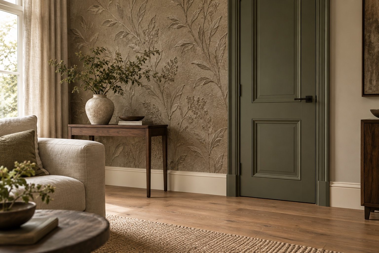 AI-sfeerbeeld van interieur met botanisch reliëfbehang en olijfgroene deur