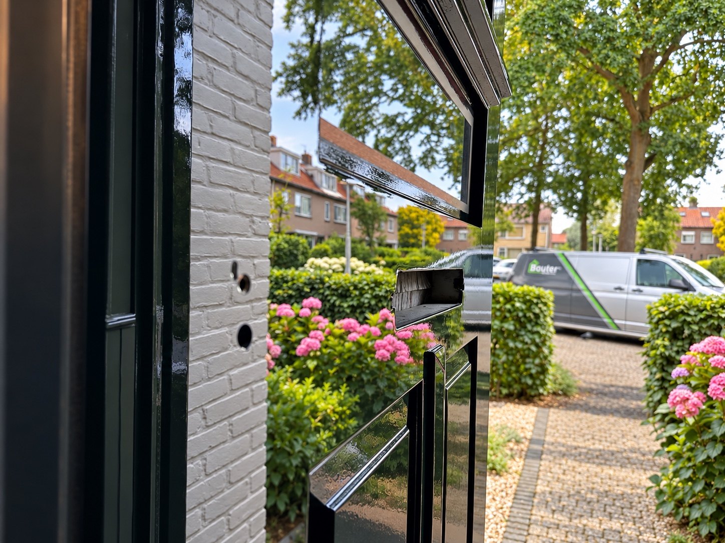 Glanzende zwarte deur met de werkbus op de achtergrond